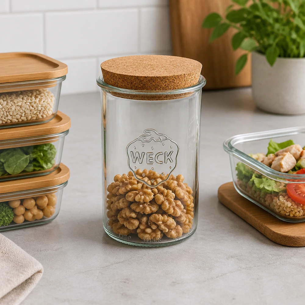 WECK Sturzglas RR100 1000ml mit Korkdeckel gefüllt mit Walnüssen moderne Küchenorganisation Vorratshaltung Lifestyle
