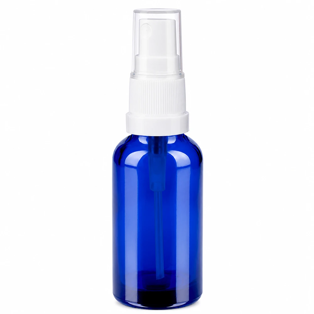 30ml suihkepullo valkoinen/läpinäkyvä vakiokorkki BlueLine UT18/30 30ml suihkepullo sininen valkoisella pumppumekanismilla kosmetiikkaan ja hoitotuotteisiin