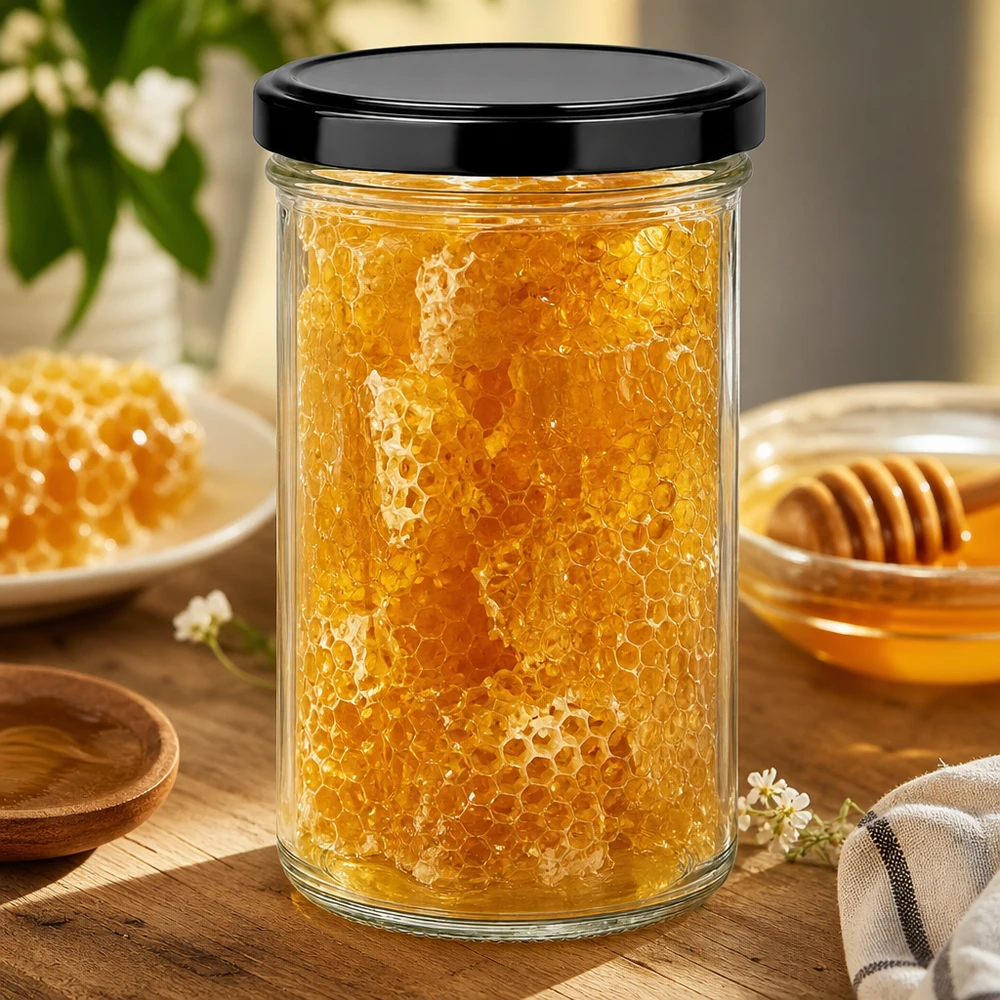 277ml Sturzglas mit Honigwaben gefüllt zeigt praktische Verwendung als Vorratsglas für Naturprodukte