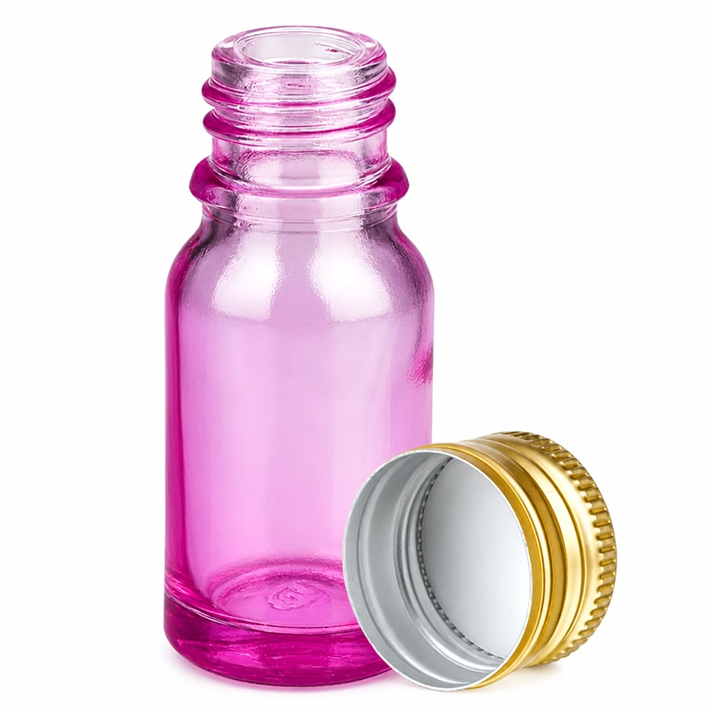 Pieni violetti lasipullo 10ml kultaisella alumiinikorkilla kosmetiikkaan ja aromaterapiaan.