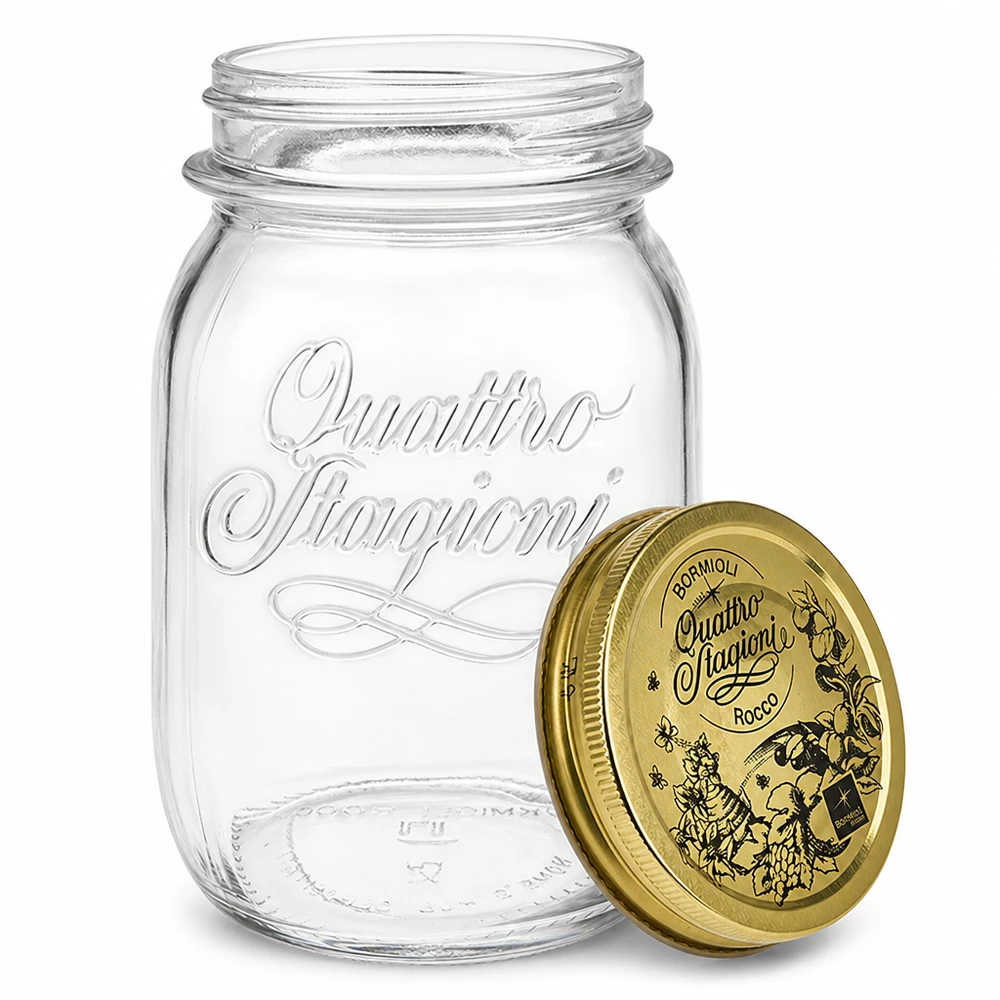 500 ml:n pyöreä "Quattro Stagioni" -purkki, jossa on kansi Italienisches Einmachglas 500ml mit abnehmbarem Deckel Detail-Ansicht für Küche und Vorratshaltung