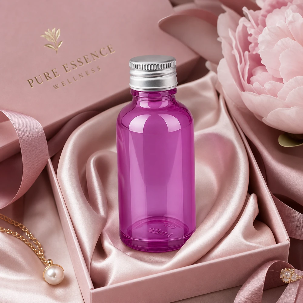 30ml pullo 11mm ruuvikorkki alumiini-hopea vakio PurpleLine.UT18/30 Elegantti violetti lasipullo 30ml, jossa on kiiltävä pinta ja ensiluokkainen alumiinikorkki.