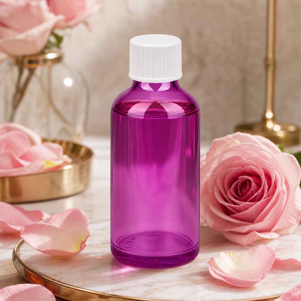 50ml pullo 11mm kierrekorkki valkoinen vakio PurpleLine UT18/50 PurpleLine UT18/50 Laadukas 50ml violetti lasipullo vakiokierteellä luonnonkosmetiikan UV-suojaukseen