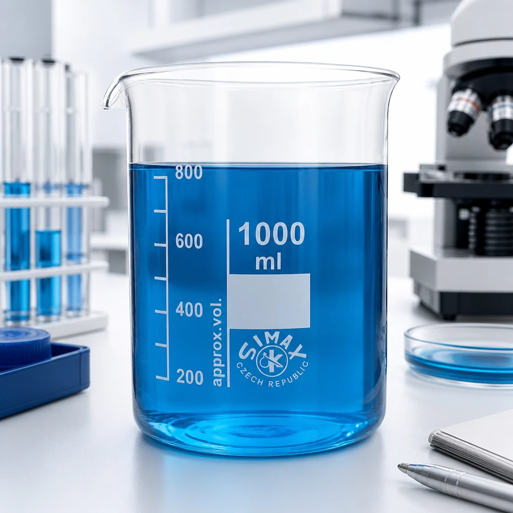 Juomalasi 1000ml borosilikaattilasi, matala muoto - Matalan muotoinen Laboratoriolasi 1000ml borosilikaattilasi, sininen väri kemiallisiin kokeisiin ja analyyseihin.