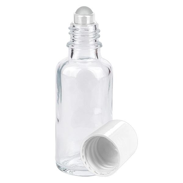 Apteekkipullo kirkas 30ml roll-on korkki valkoinen