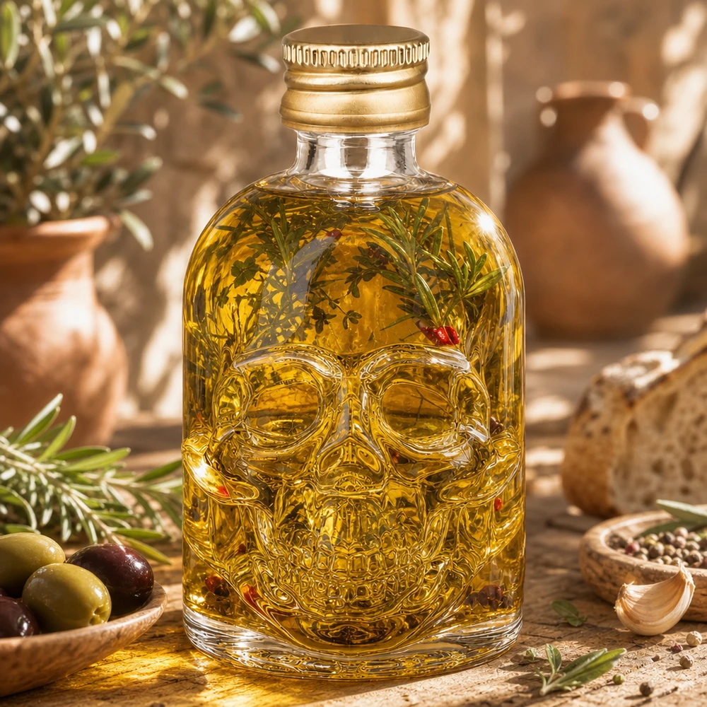 Lasipullo Hector 50ml täynnä yrttiöljyä ja rosmariini koristelu Välimeren oliiviöljy maisema