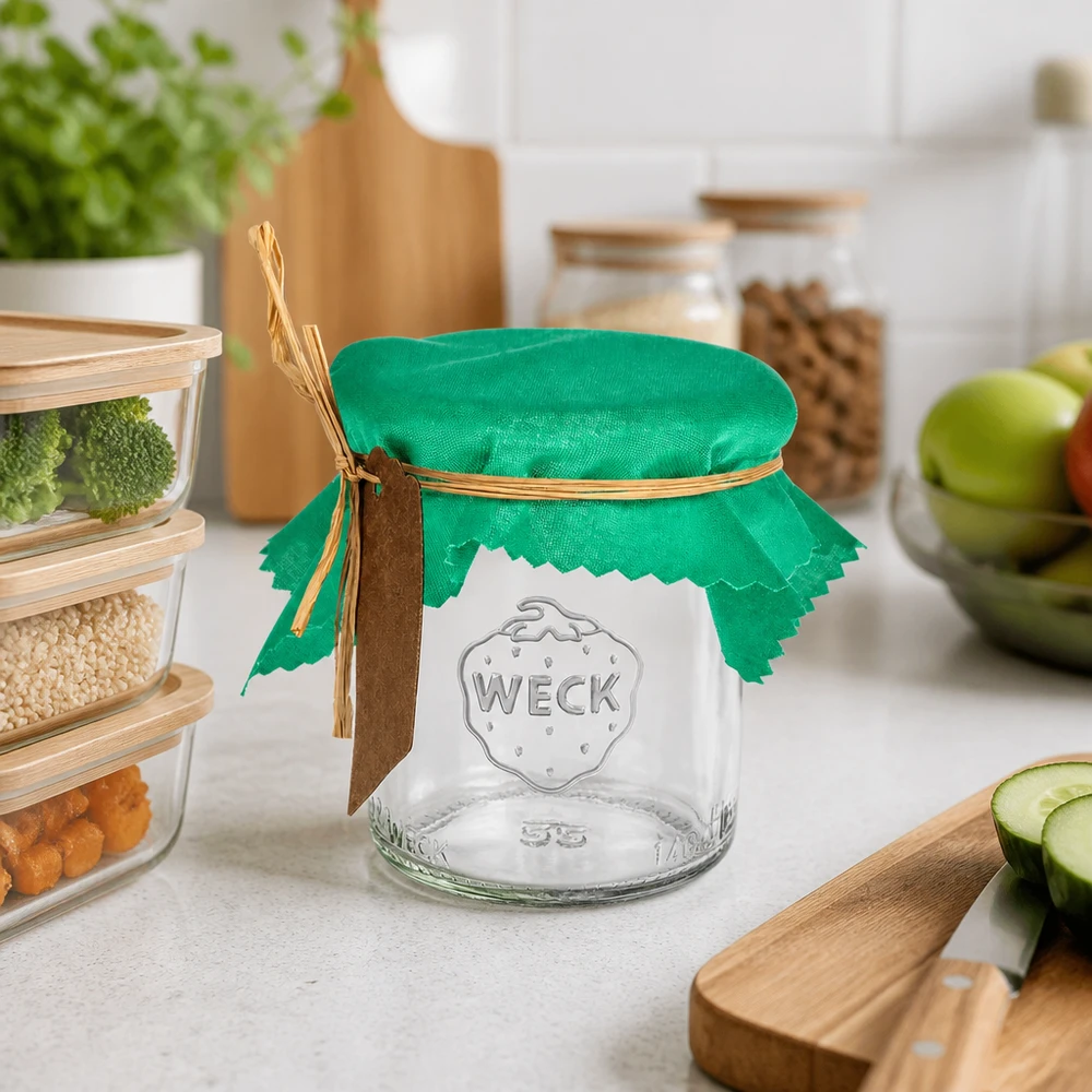 Grünes Schmuckdeckchen 12cm eckig mit Gummiband auf Weckglas in moderner Küche - stilvolle Marmeladenabdeckung