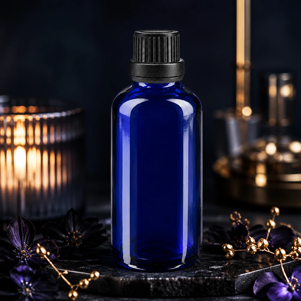 Apteekkipullo sininen 50ml tiputuskorkki valurengas 2mm musta peukaloinninesto suljin Tummansininen 50 ml:n lasipullo, jossa on uurrettu musta korkki, liuskekivellä, violetteja kukkia ja kynttilänvaloa