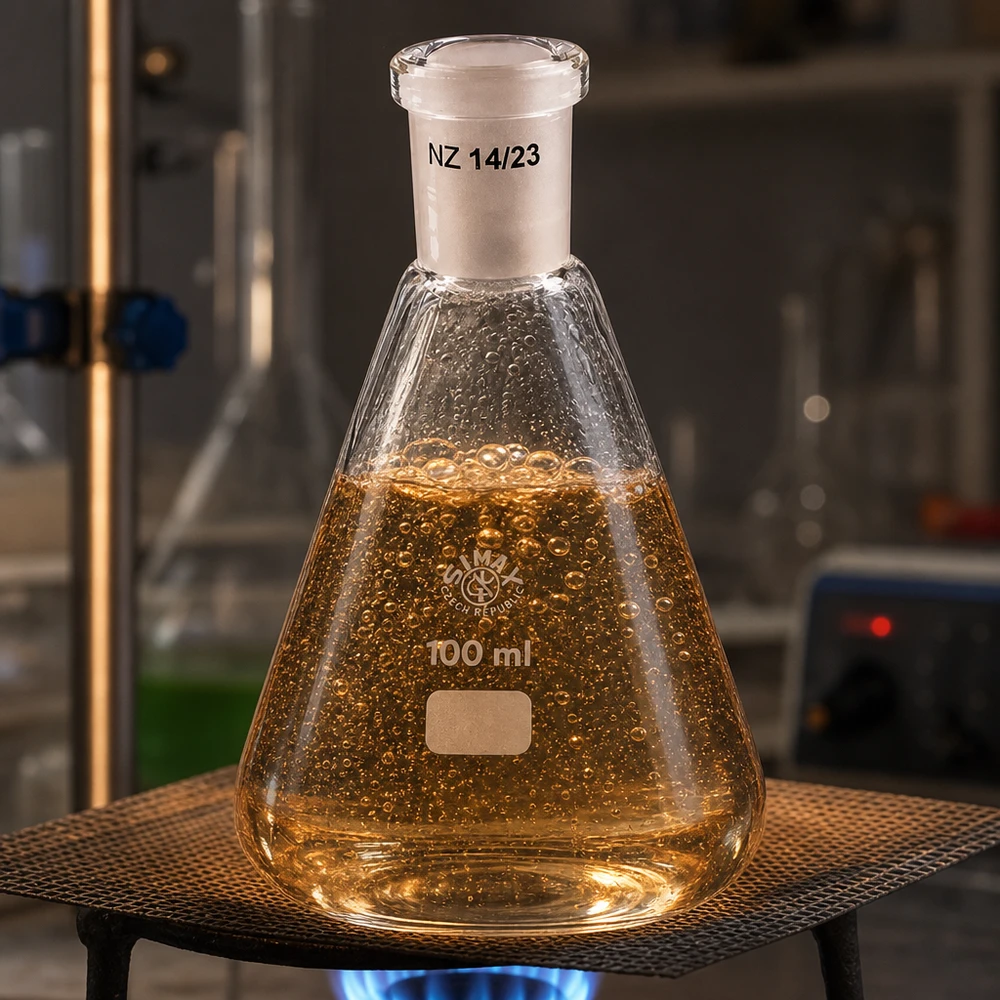 Erlenmeyer-pullo 100ml, jossa on vakiohionta (14/23). Erlenmeyer-pullo 100ml, jossa on vakiohionta (14/23).