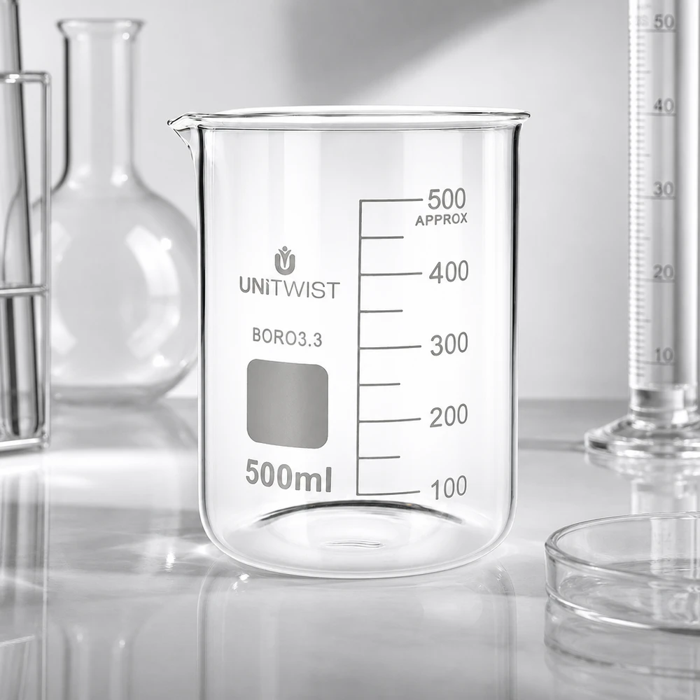 500 ml borosilikaattilasi, matala muotti UNiTWIST UNiTWIST-lasikulho 500 ml, BORO3.3, matala malli, laboratoriokolvien ja mittapullojen ympäröimä