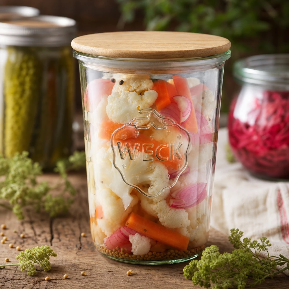 850ml WECK RR100 juomapullot puukannella 850ml WECK säilöntäpurkki 850ml RR100 marinoidut vihannekset kukkakaali porkkanat sipulit käynyt ruoka puinen kansi