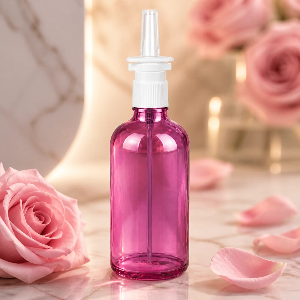 Violetti 100ml lasipullo, jossa on suihkupumppu nenäsuihkeille ja lääketieteellisille liuoksille PurpleLine
