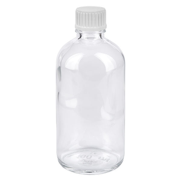 100ml tippapullo 0.9mm valkoinen vakiokorkki ClearLine UT18/100 100 ml:n kirkas lasinen tiputuspullo, jossa on valkoinen kierrekorkki (ClearLine UT18), farmaseuttisiin käyttötarkoituksiin