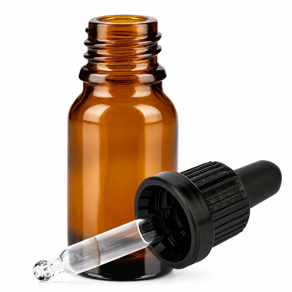 10ml pipettipullo musta peukaloinnin estävä korkki BrownLine UT18/10 Ruskea lasipullo 10ml pipetillä kosmetiikan ja aromaterapian tarkkaan annosteluun.