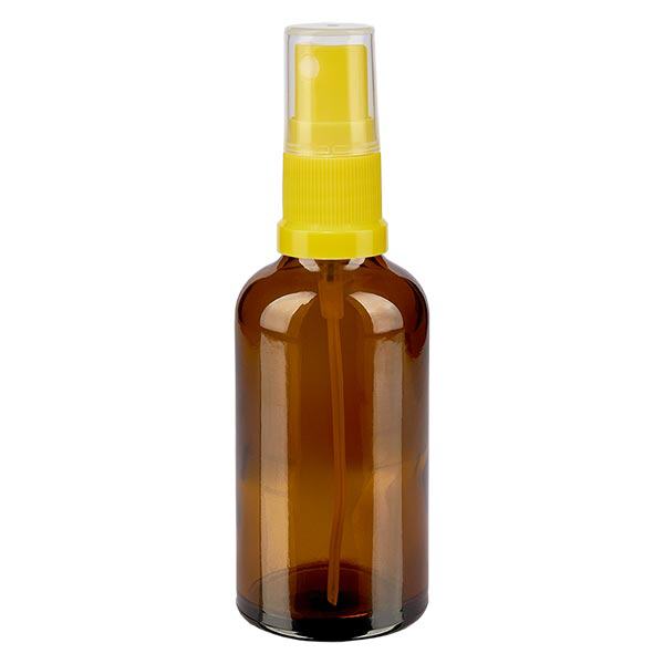 Apteekkipullo ruskea 50ml suihkutuspääte keltainen Apteekkipullo ruskea 50ml suihkutuspääte keltainen
