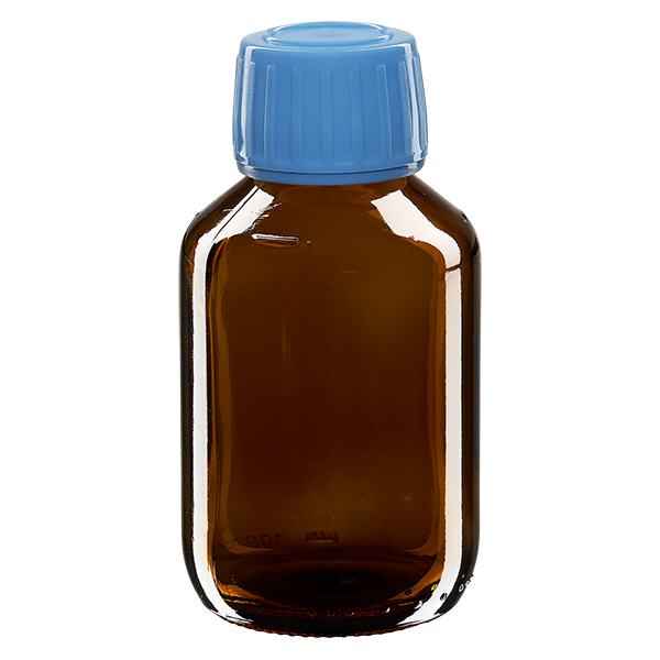 100ml lääkepullo ruskea, sininen korkki, jossa on sinetöintiturvallinen rengas ApoGlas. 100ml lääkepullo ruskea, sininen korkki, jossa on sinetöintiturvallinen rengas ApoGlas.