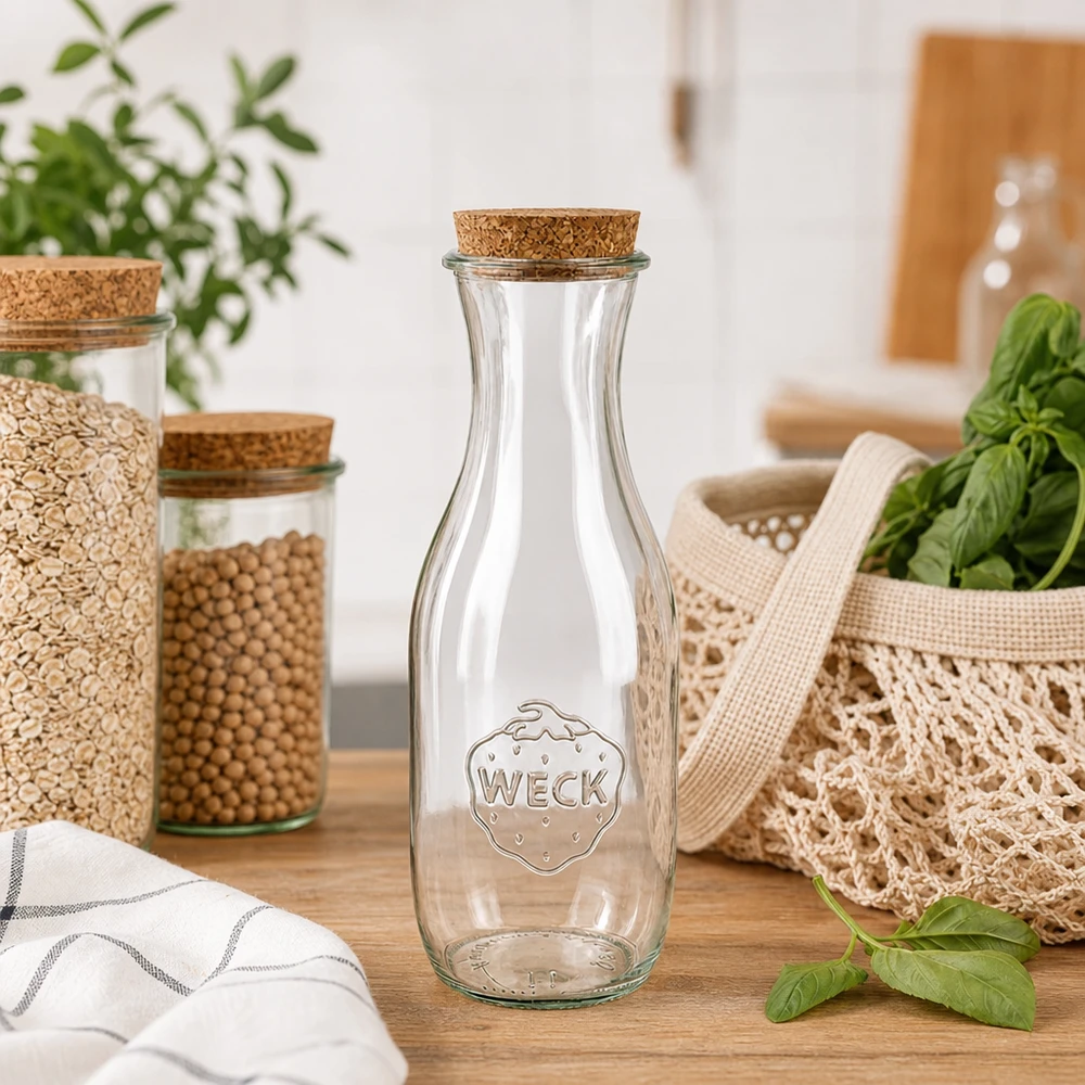 1062ml mehupullo WECK RR60 korkilla luonnonmukainen WECK mehupullo 1062ml RR60 luonnonkorkilla kestävässä nollajätekeittiössä säilytyspurkkien ja juuttisäkkien vieressä.