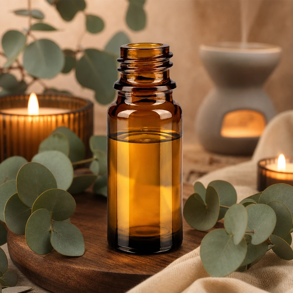 Tippapullo 10 ml DIN 18 ruskeankeltaisesta lasista valmistettu tippapullo 10 ml DIN 18 10ml ruskea lasipullo ApoGlas aromaterapiaan eukalyptuksen ja kynttilöiden kanssa luonnollisessa kylpyläilmapiirissä.