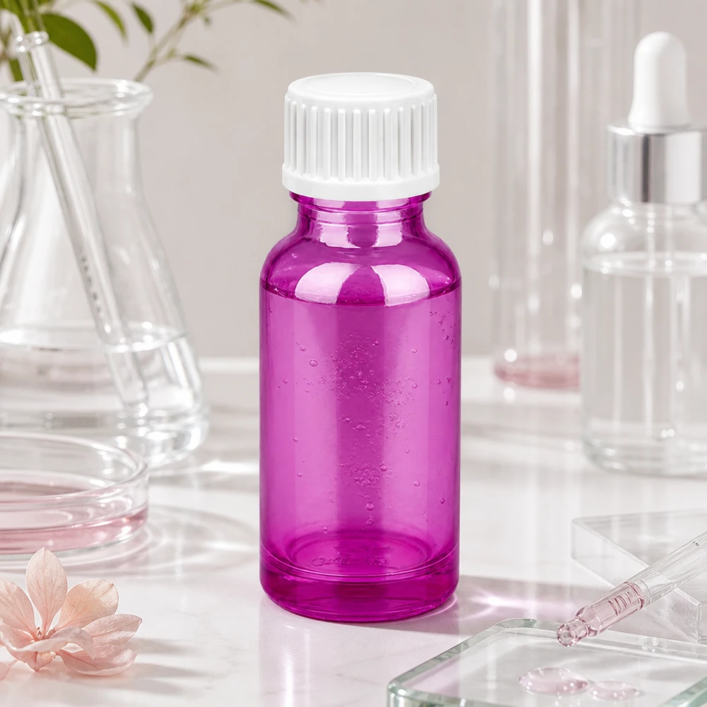 20ml (pallopullo) pullo 3mm kaaderengas valkoinen standardi PurpleLine.UT18/20 Pienikokoinen 20 ml:n lasipullo elinvoimaista violettia seerumien ja öljyjen tarkkaan annosteluun.