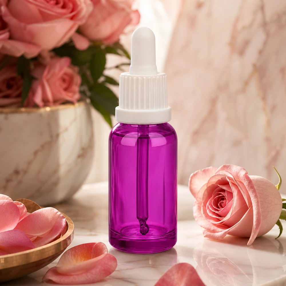 Elegantti 20ml pipettipullo violetilla ja valkoisella tippapullolla kauneudenhoitotuotteille.