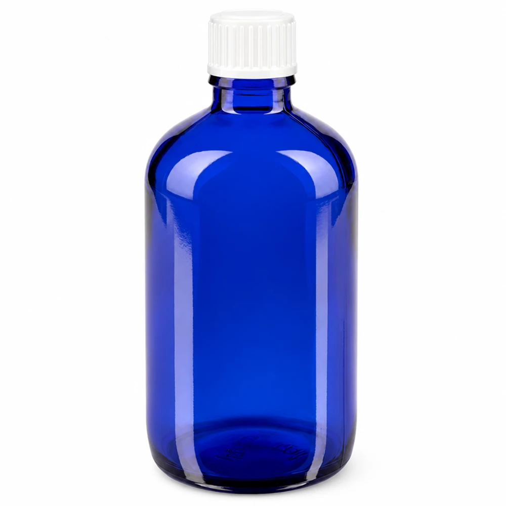 Apteekkipullo sininen 100ml ruuvikorkki valkoinen globen standardi 100 ml:n sininen lasinen apteekkipullo, jossa on valkoinen 3 mm:n vakiokierteinen korkki
