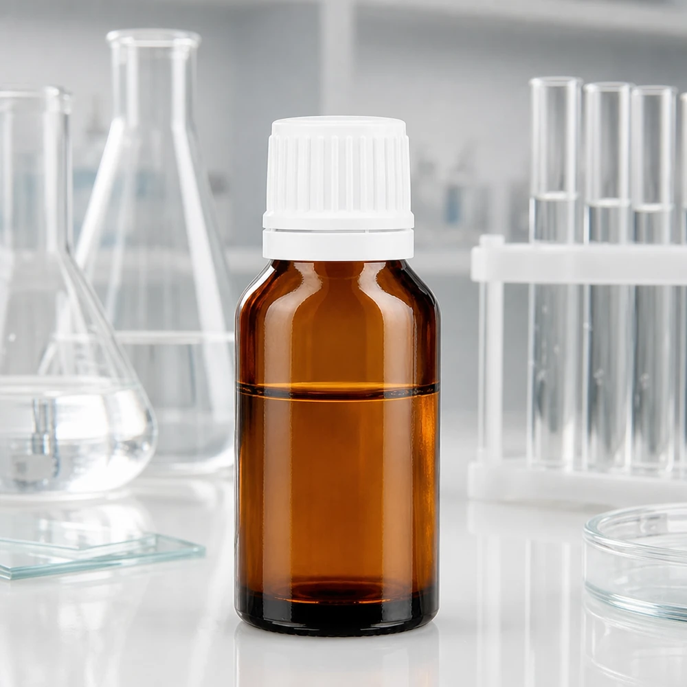 Apteekkipullo ruskea 15ml ruuvikorkki valkoinen väärentämisen estävä sulkeminen Ruskea 15 ml:n lasipullo, jossa on lapsiturvallinen valkoinen alkuperäiskorkki, laboratoriossa