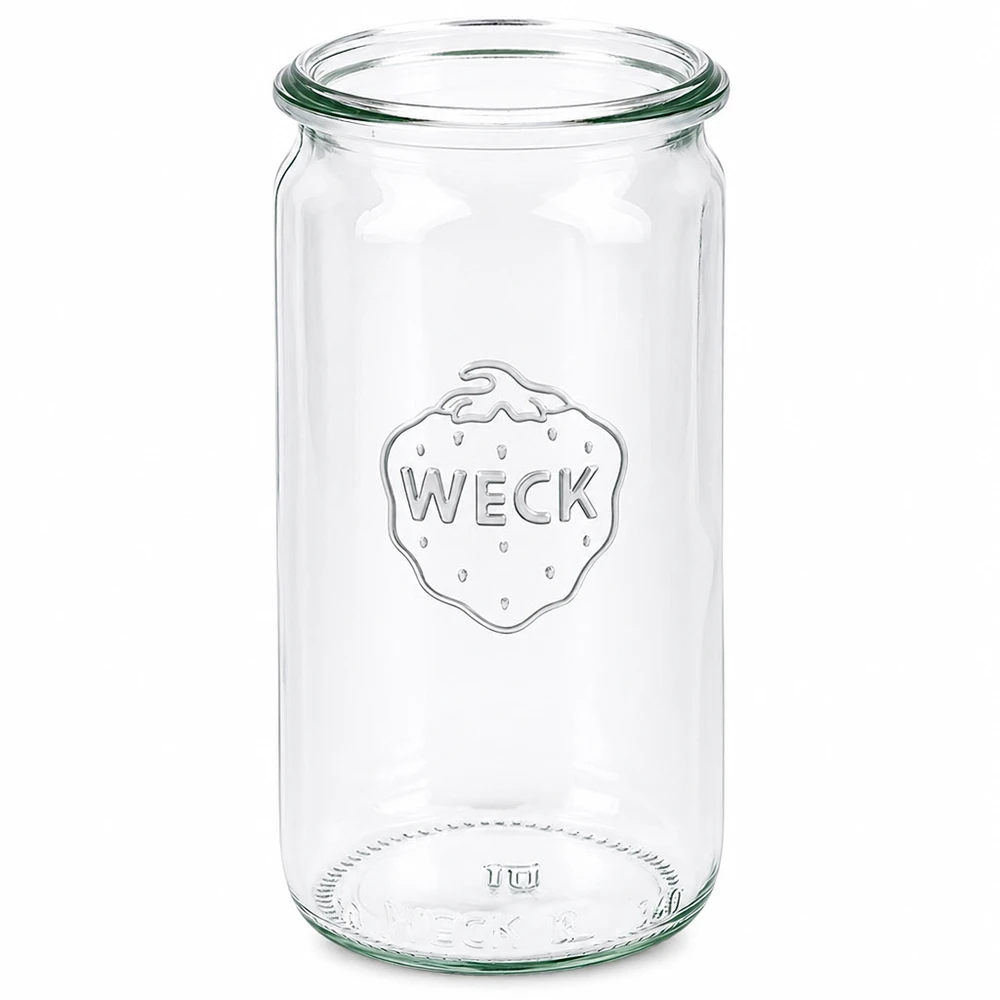 340 ml:n sylinterimäinen WECK RR60 -lasipurkki WECK sylinteripurkki 340ml RR60 säilöntätölkki läpinäkyvä WECK-logolla säilöntään ja säilytykseen