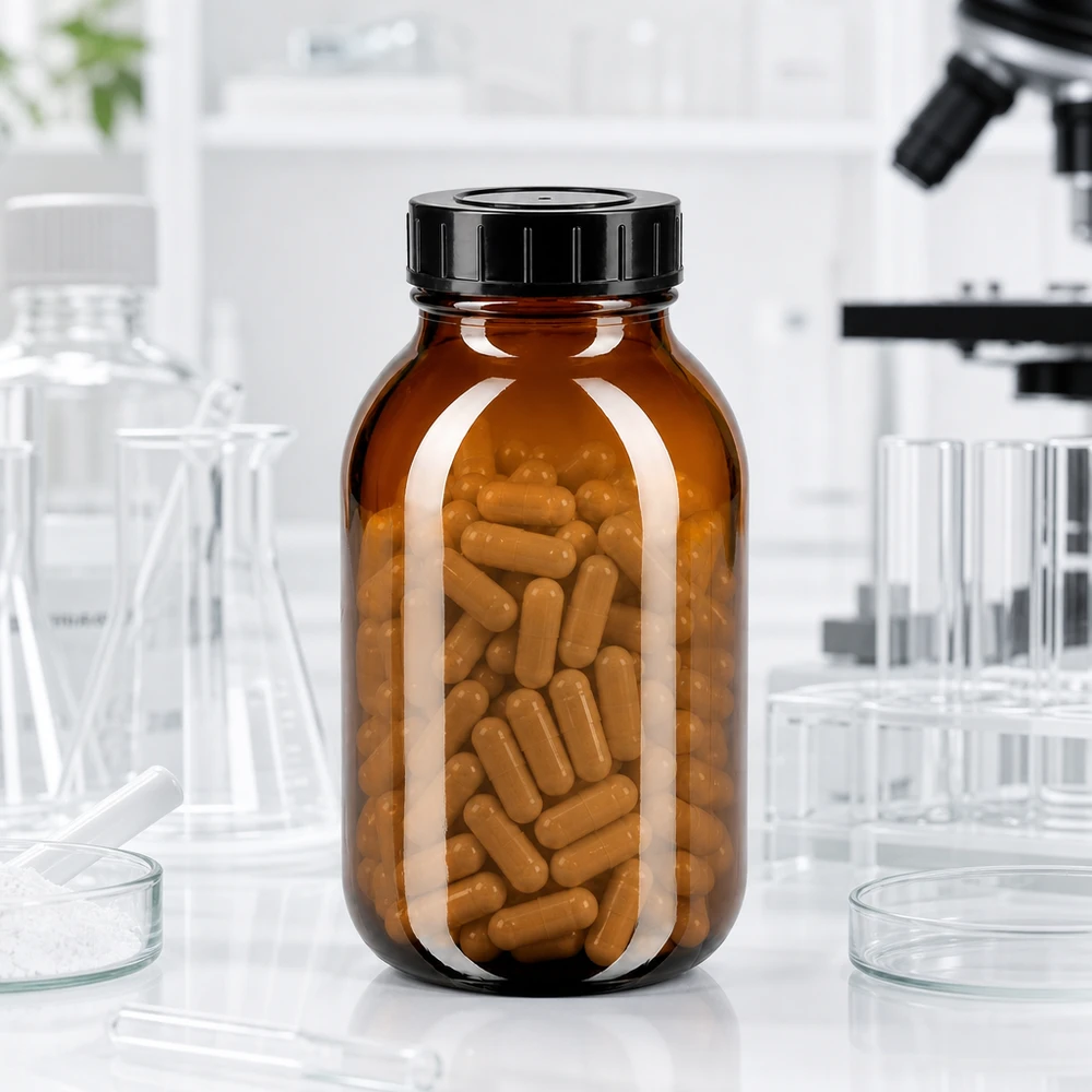 500ml meripihkanvärinen lasipullo, jossa on suuri aukko ja tiivis kierrekorkki farmaseuttisiin sovelluksiin.