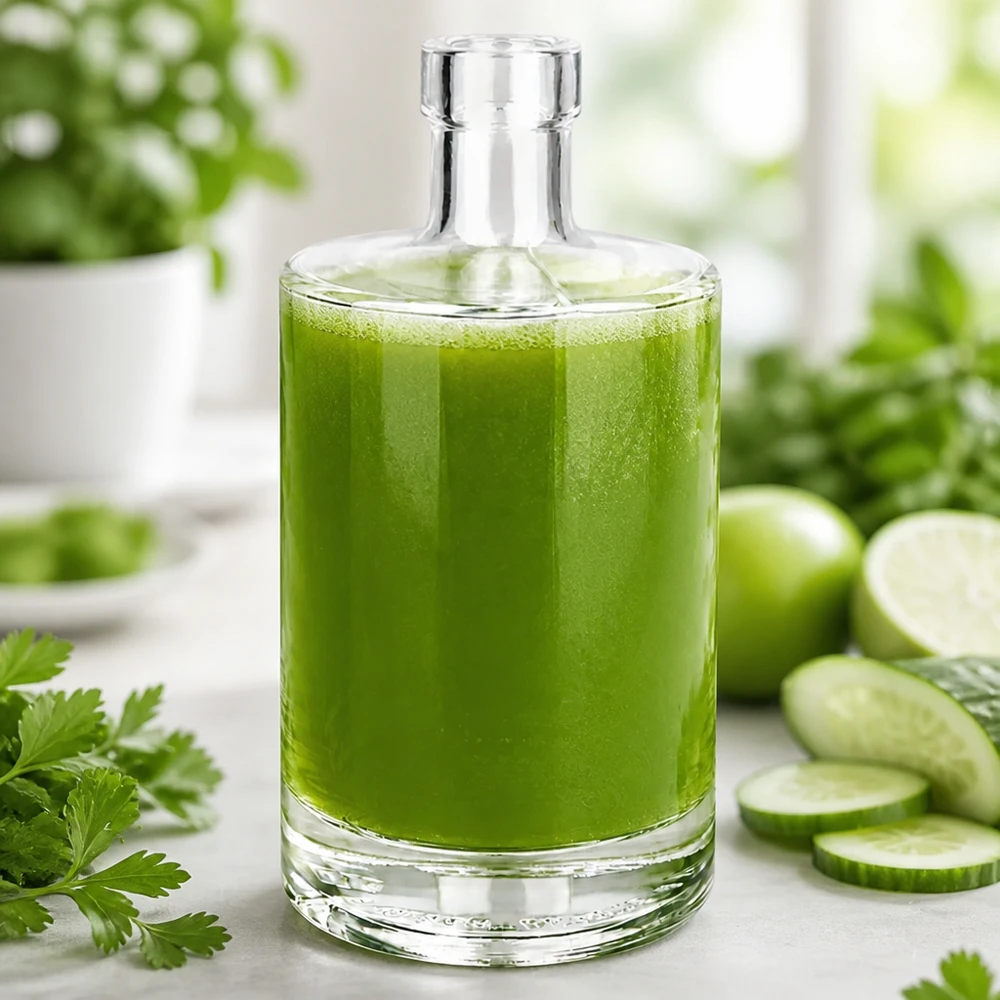 500ml lasipullo Marie täynnä vihreää smoothieta, jota ympäröivät kurkku ja yrtit terveellistä juomaa varten.