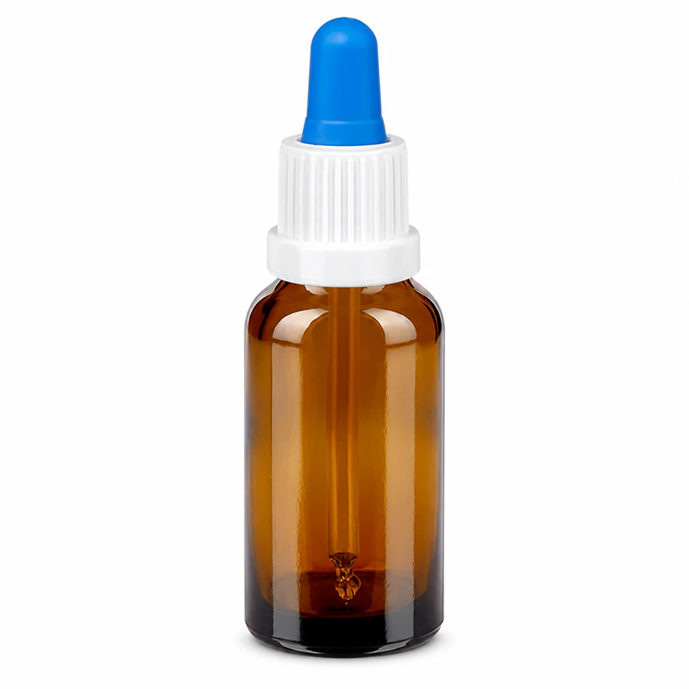 20ml pipettipullo valkoinen/sininen väärentämisen estävä sulkeminen BrownLine UT18/20 20ml meripihkanvärinen lasipipettipullo, jossa on valkoinen korkki ja sininen pipetti tarkkaa annostelua varten.