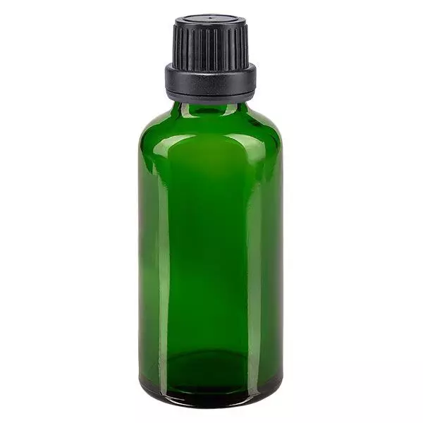 Apteekkipullo vihreä 50ml ruuvikorkki musta peukaloinninestokorkki Apteekkipullo vihreä 50ml ruuvikorkki musta peukaloinninestokorkki
