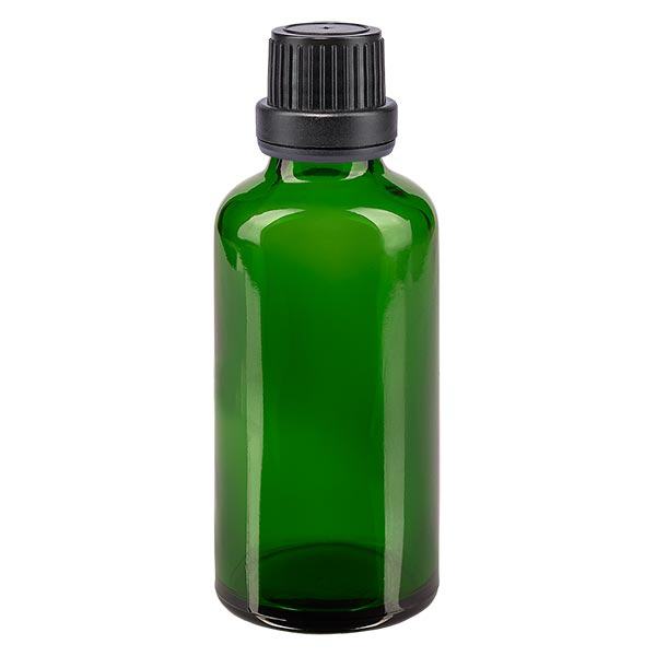 Apteekkipullo vihreä 50ml ruuvikorkki musta peukaloinninestokorkki Apteekkipullo vihreä 50ml ruuvikorkki musta peukaloinninestokorkki