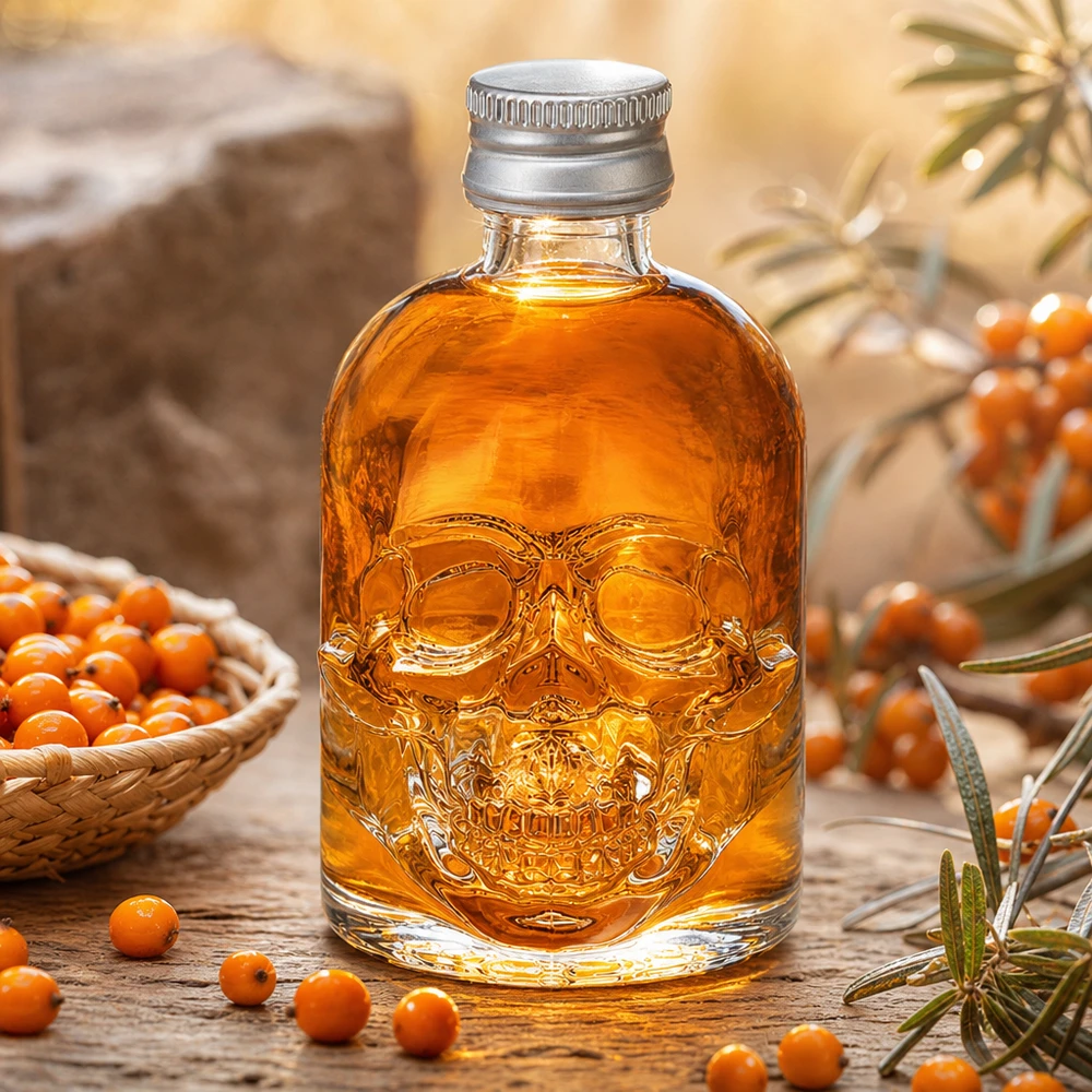 50ml Hector-lasipullo, joka on täytetty tyrniliköörillä appelsiinimarjojen ja koriste-elementtien välissä lämpimässä ilmapiirissä.