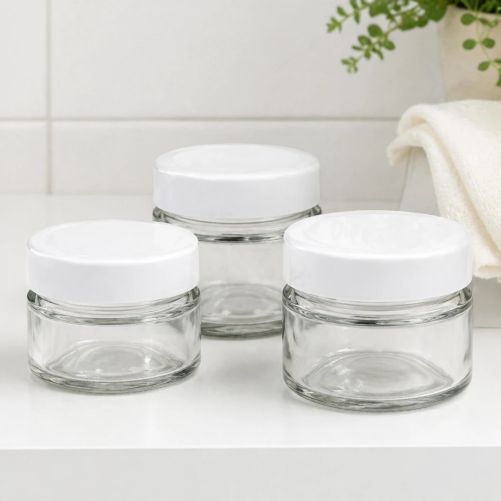 80ml pyöreä purkkisarja BasicSeal-kannella kylpyhuoneeseen - tyylikkäät lasipurkit kosmetiikalle ja kylpyhuonetarvikkeille.