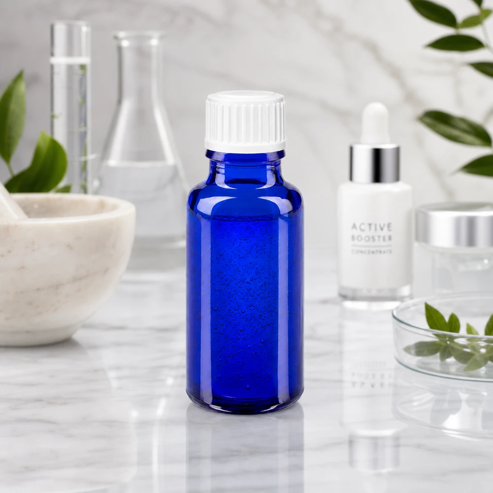 Pieni sininen apteekkipullo, 20 ml, korkealaatuista borosilikaattilasia, valkoisella korkilla