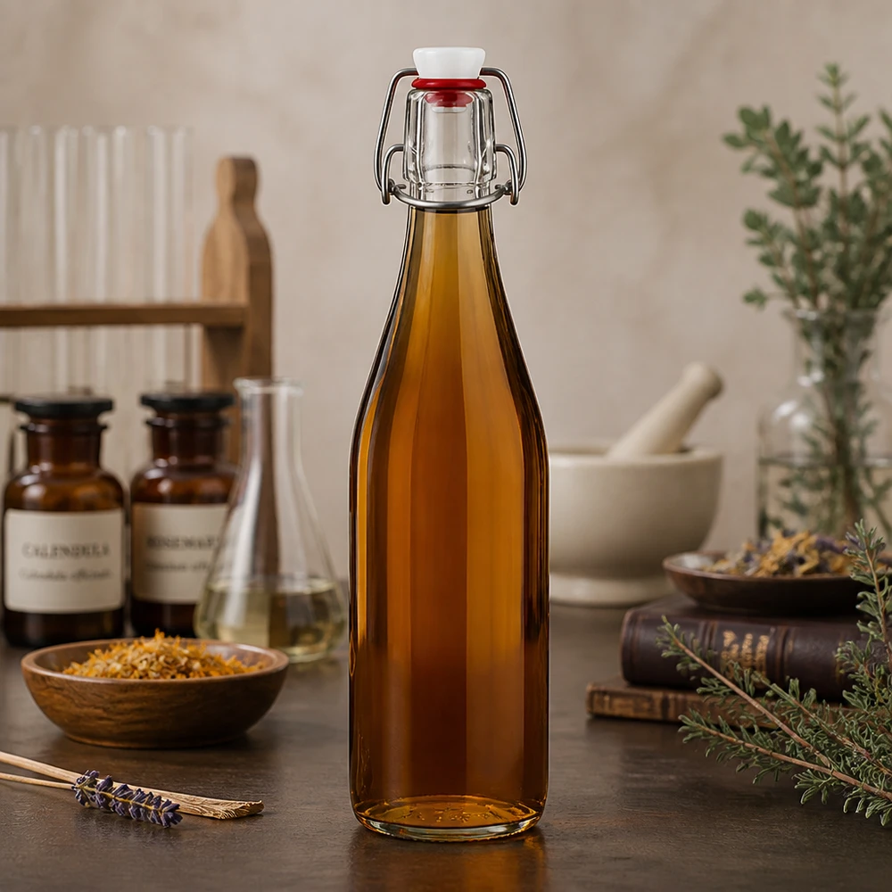500ml lasipullo + kiikku PVC UNiTWIST 500ml Glasflasche Bügelverschluss amber braun apotheker Design mit Naturkräutern Heilpflanzen vintage Küche nostalgisch