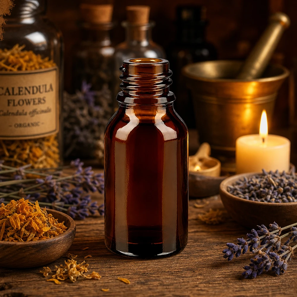 Tiputinpullo 30 ml DIN 18 meripihkainen lasi HOHE FORM 30ml ruskea apteekkipullo korkea muoto ApoGlas, jossa on kehäkukan kukkia laasti kynttilä aromaterapia-asetus