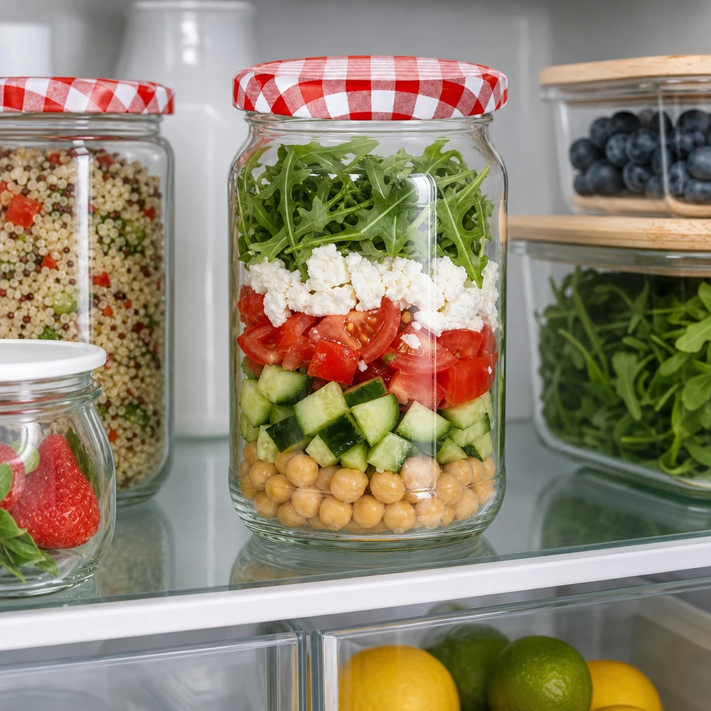 1062ml Rundglas mit rot-weiß kariertem Deckel als Meal-Prep Salatglas im Kühlschrank mit Schichtsalat und Kichererbsen