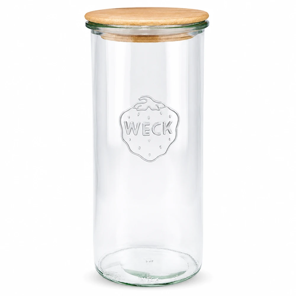 1500ml tumppupurkki WECK RR100 puukannella, jossa on puupallo WECK RR100 säilytyspurkki 1500ml puukannella läpinäkyvä säilytyspurkki säilöntäpurkki pyöreä