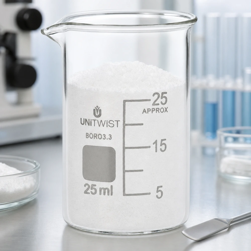25 ml:n dekantterilasi, borosilikaattia, matala muotti UNiTWIST UNiTWIST-lasimalja, 25 ml, matala malli, täytetty valkoisella jauheella, ruostumattomasta teräksestä valmistetulla laboratoriopöydällä