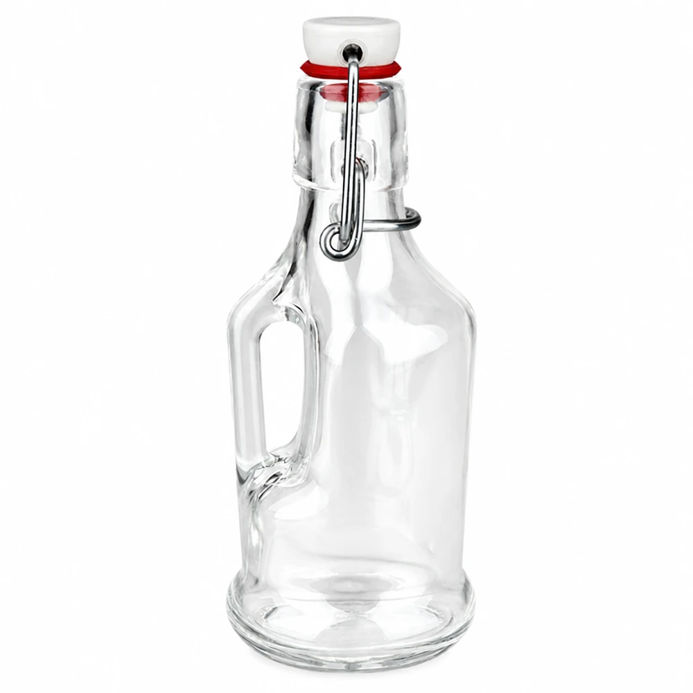 200ml lasipullo Bertha, jossa on valkoinen posliinikorkki ja kahva UNiTW:ltä valkoisella pohjalla.