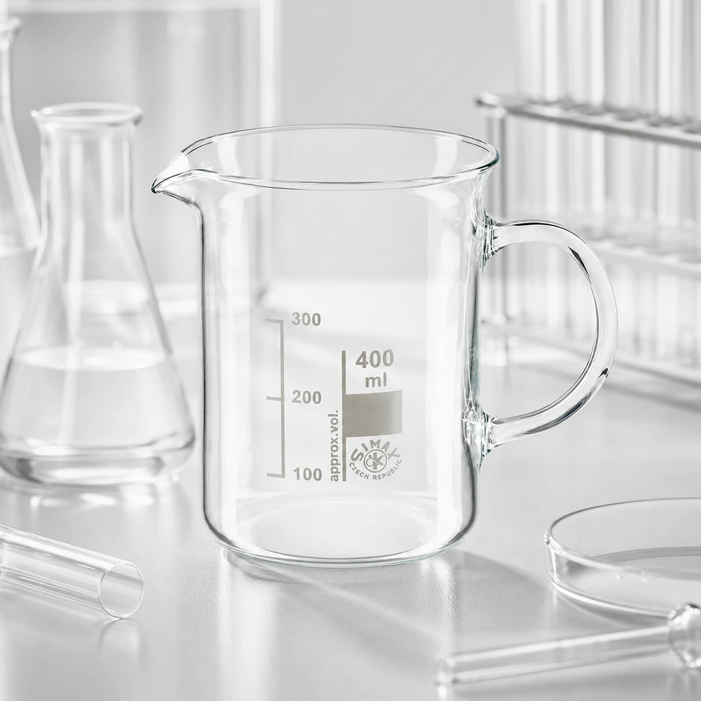 400 ml:n dekantterilasi, kahvalla varustettu lasipannu Tyhjä 400 ml:n kuppilasi, jossa on kahva, valmistettu kirkkaasta borosilikaattilasista laboratoriokäyttöön