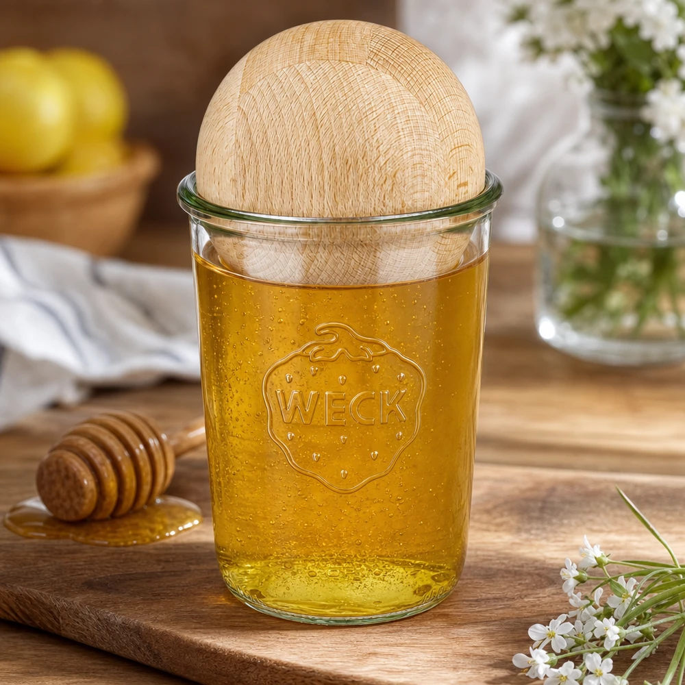 WECK RR100 juomapullot 850ml täynnä hunajaa ja pyökkipuuta palloa, koristeellinen keittiön näyttö hunaja lusikalla.