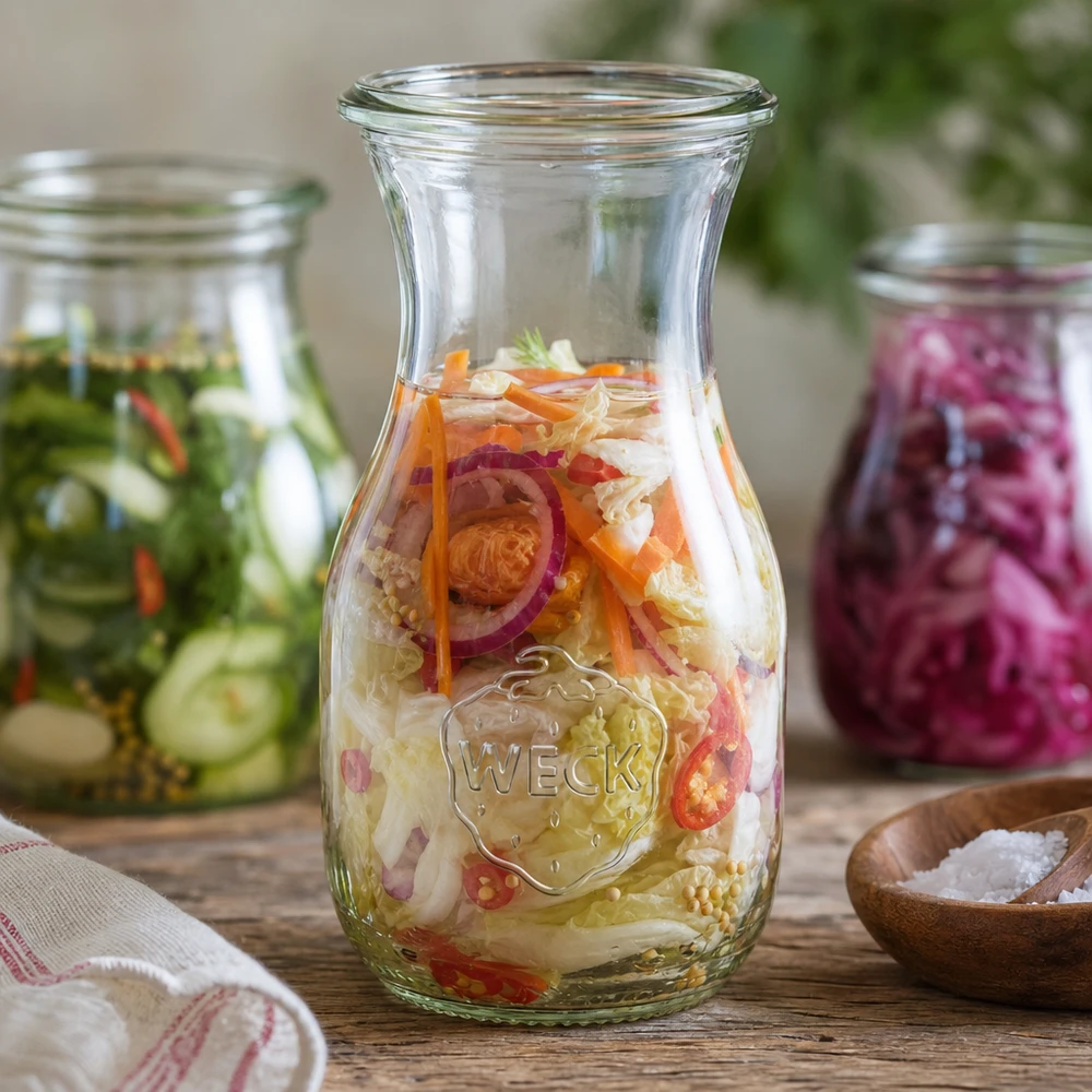 WECK mehupullo 290ml RR60, jossa on käyneitä vihanneksia ja suolakurkkua terveelliseen säilytykseen.
