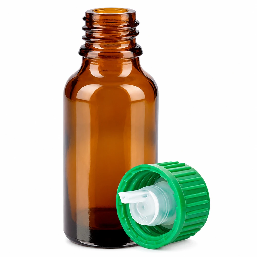 20ml tippapullo 0.8mm vihreä vakiokorkki BrownLine UT18/20 Ruskea lasipullo 20ml, jossa vihreä tippakorkki 0.8mm aukko eteerisille öljyille.