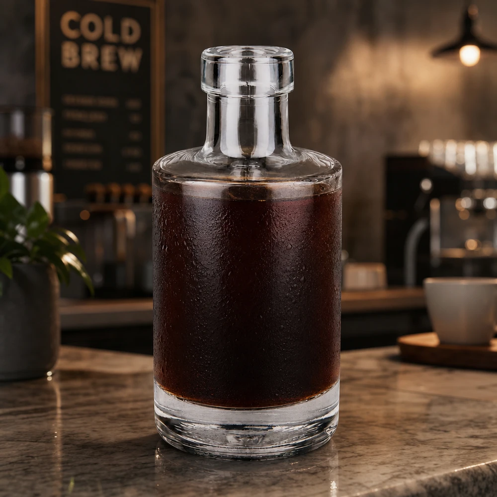200ml lasipullo Marie täytetty kylmällä kahvilla modernissa kahvilatunnelmassa Sovellus esimerkki kahvila