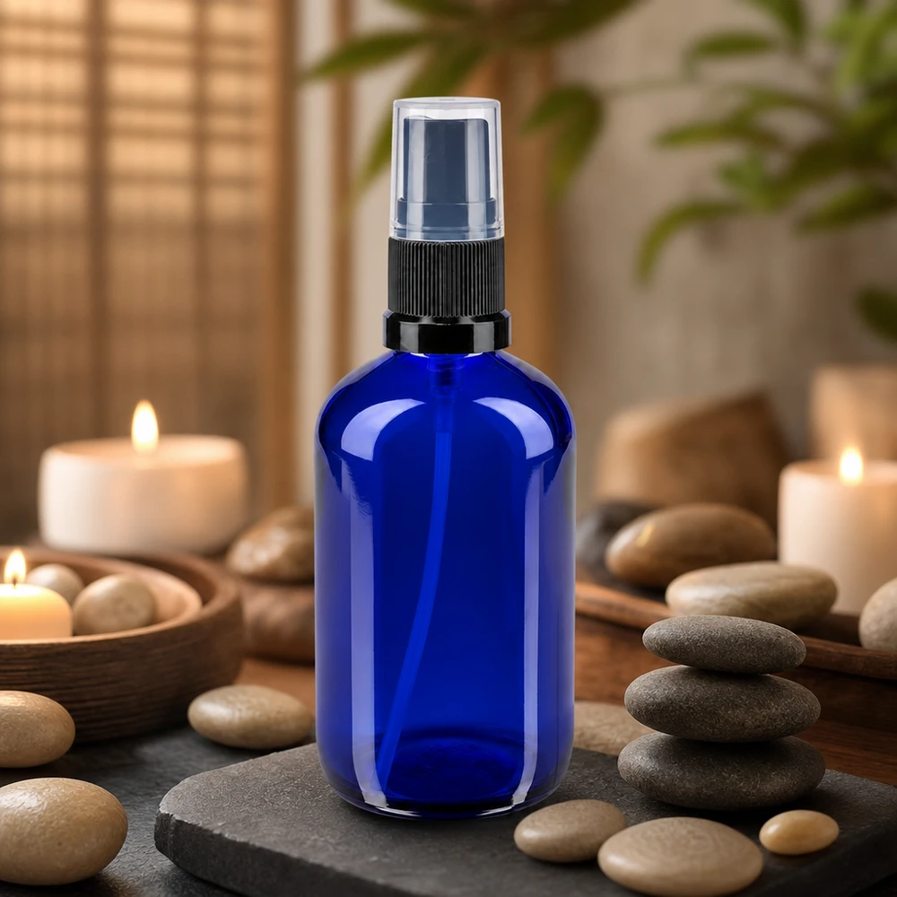 Sininen 100 ml:n apteekkilasinen suihkepullo, jossa on musta sumutin, Zen Spa -tunnelmassa kynttilöiden kera