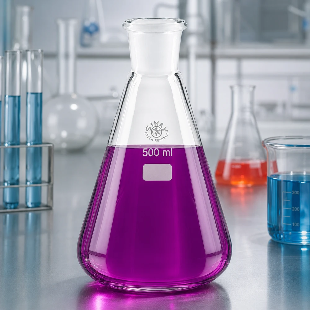 Erlenmeyerpullo 500ml, jossa on vakiohiottu liitos (29/32). Violetti neste 500 ml:n Erlenmeyer-kolvissa, jossa on laboratoriossa vakiohiottu liitos 29/32.