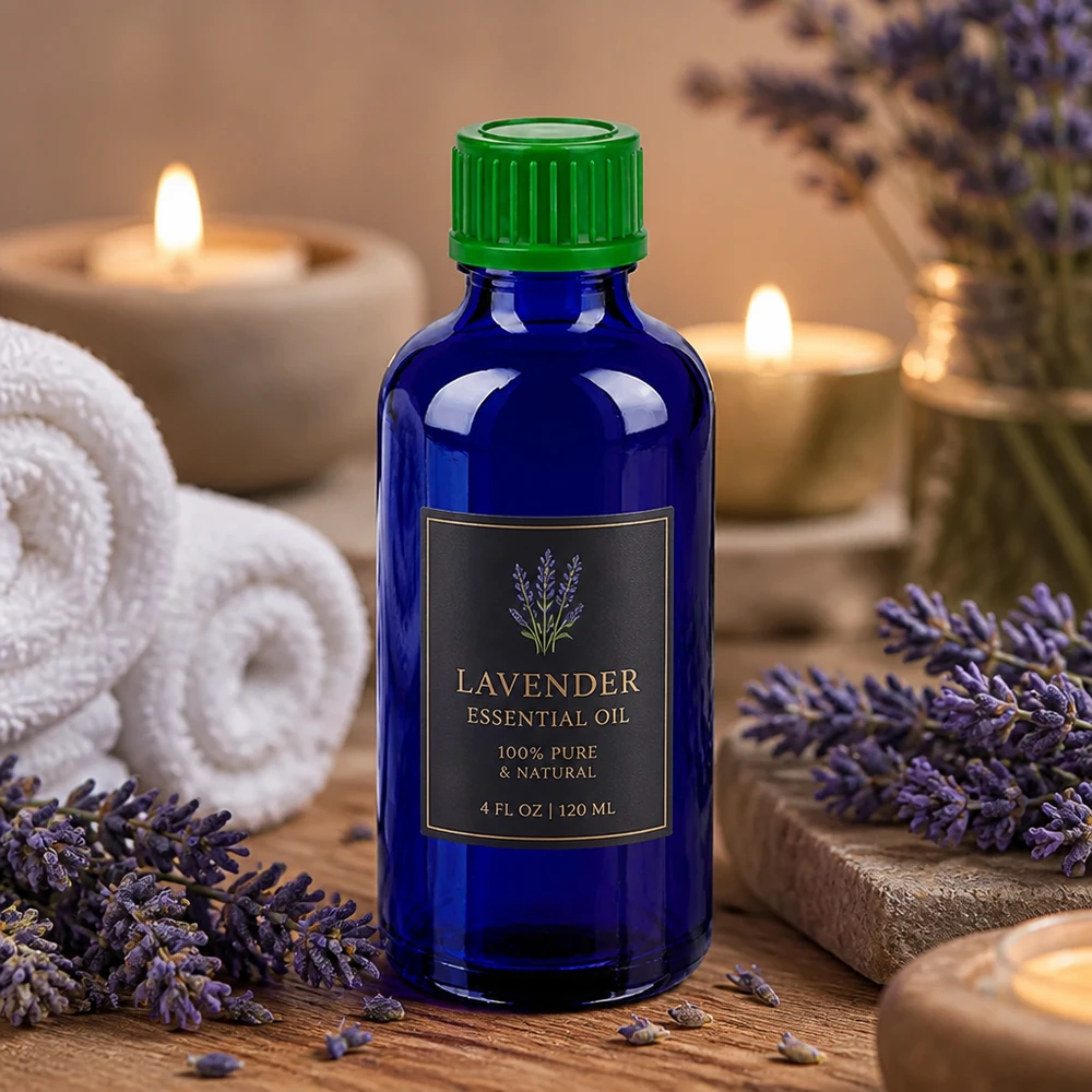 Kompakti 50ml lasipullo vihreällä korkilla, ihanteellinen aromaterapia- ja wellness-sovelluksiin.