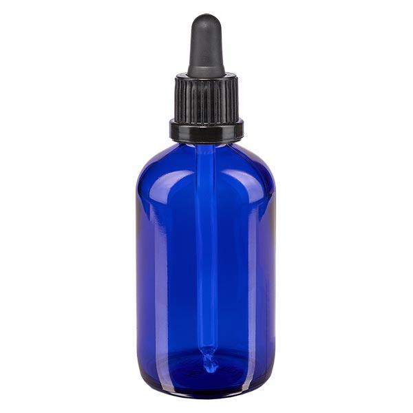 Apteekkipullo sininen 100ml pipettipullo musta peukaloitava korkki Apteekkipullo sininen 100ml pipettipullo musta peukaloitava korkki